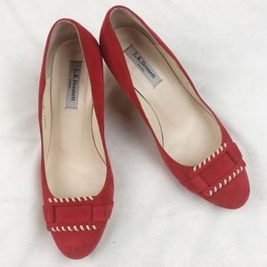 L.K. Bennett Red Suede Buckle Accent Kitten Heels